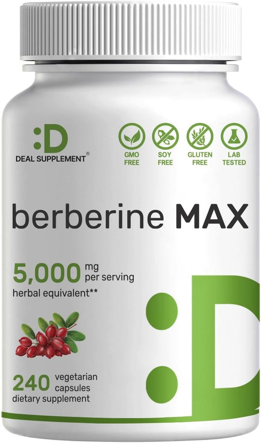 Berberine Max Supplement, 5,000Mg per Serving, 240 Veggie Capsules – 97% Pure Berberine HCL – 25:1 Root Extract – Vegetarian Friendly, Non-Gmo